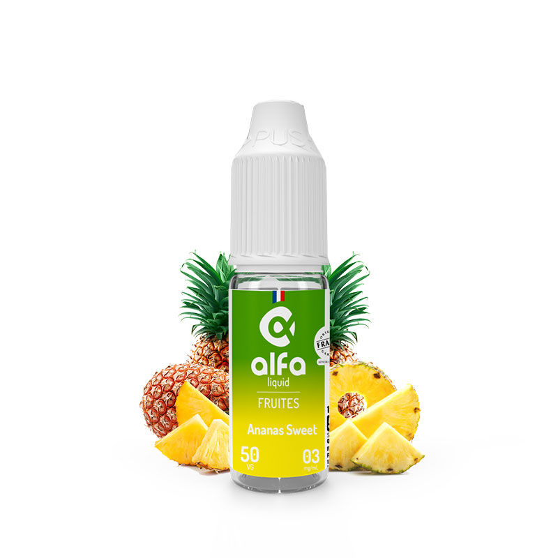 Flacon du eliquide Ananas Sweet 10 ml de Alfaliquid, fabricant français de eliquide pour le vapotage.