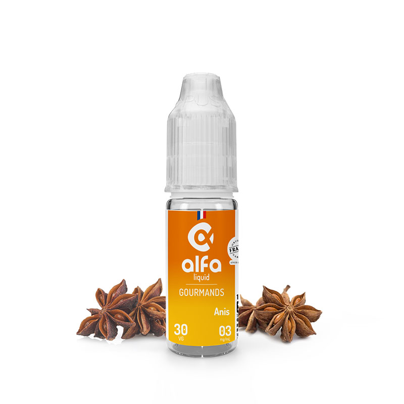 Flacon du eliquide Anis 10 ml de Alfaliquid, fabricant français de eliquide pour le vapotage.