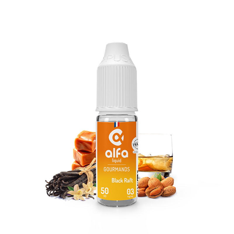 Flacon du eliquide Black Raft 10 ml de Alfaliquid, fabricant français de eliquide pour le vapotage.