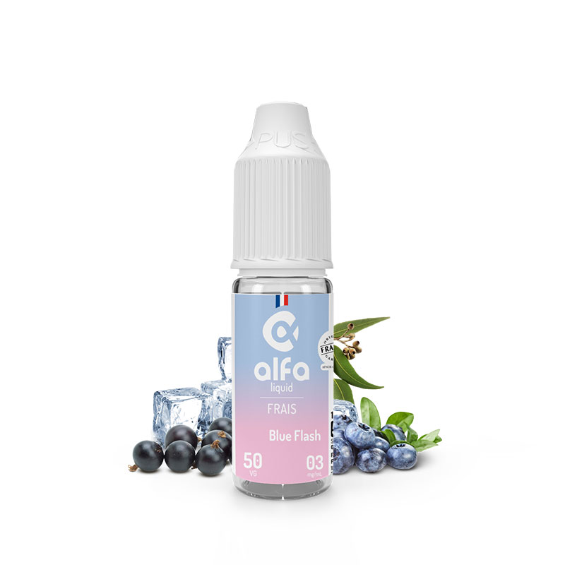 Flacon du eliquide Blue Flash 10 ml de Alfaliquid, fabricant français de eliquide pour le vapotage.