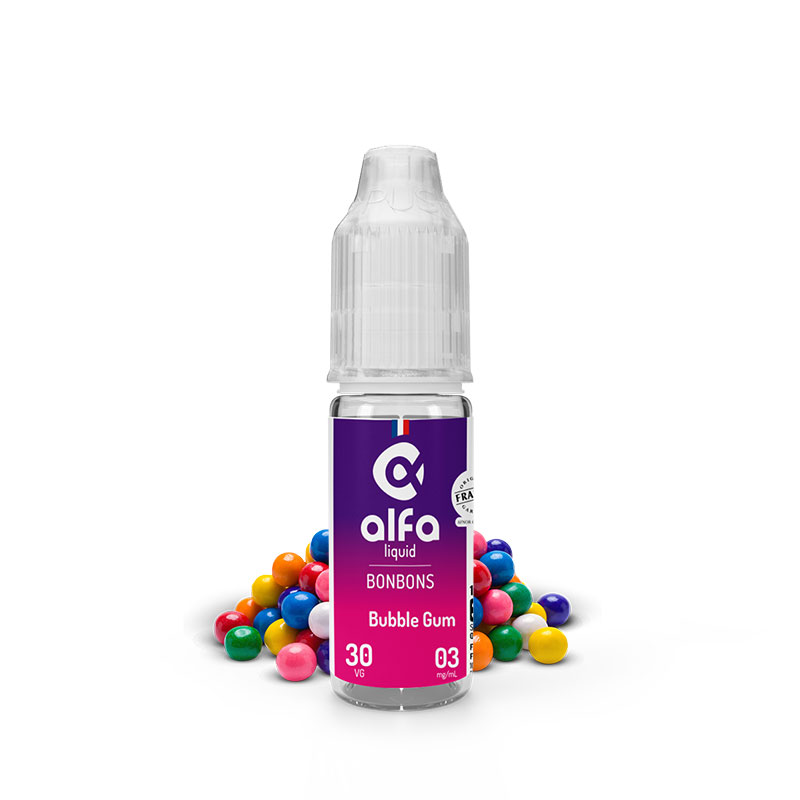 Flacon du eliquide Bubble Gum 10 ml de Alfaliquid, fabricant français de eliquide pour le vapotage.