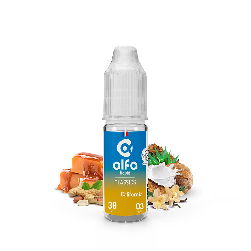 Flacon du eliquide California 10 ml de Alfaliquid, fabricant français de eliquide pour le vapotage.