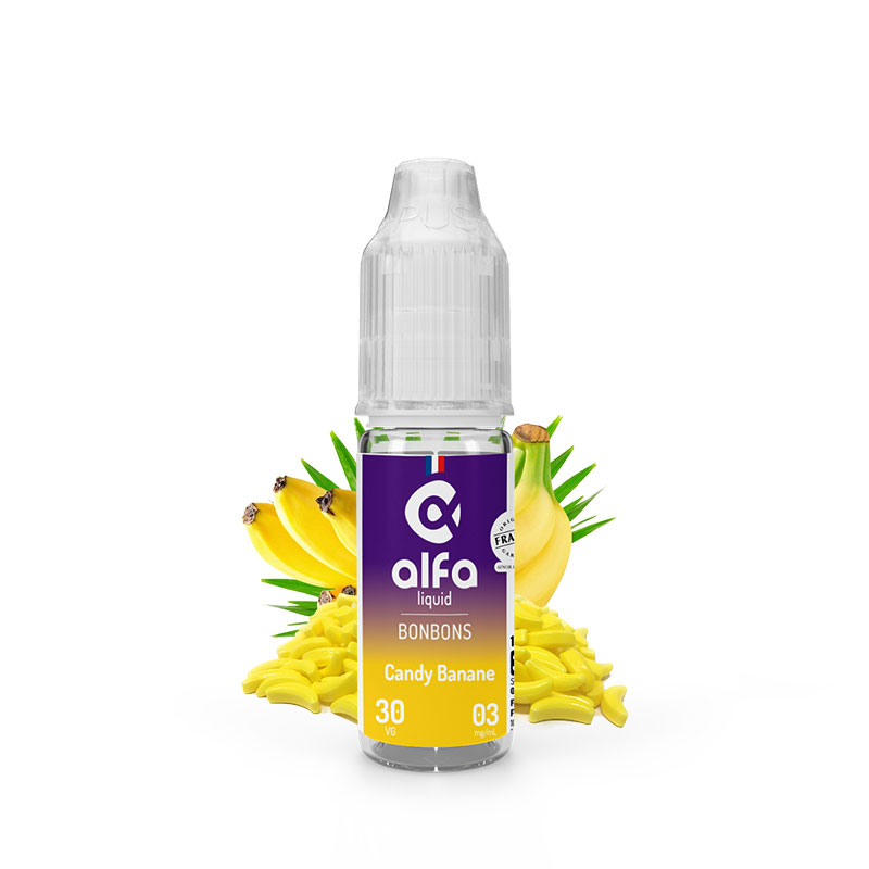 Flacon du eliquide Candy Banane 10 ml de Alfaliquid, fabricant français de eliquide pour le vapotage.