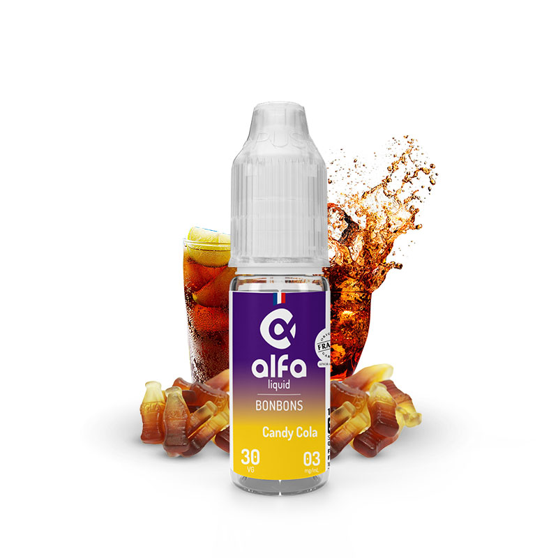 Flacon du eliquide Candy Cola 10 ml de Alfaliquid, fabricant français de eliquide pour le vapotage.