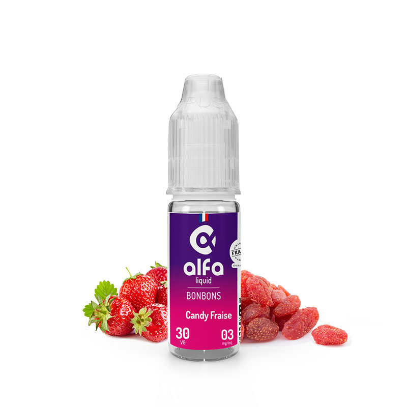 Flacon du eliquide Candy Fraise 10 ml de Alfaliquid, fabricant français de eliquide pour le vapotage.