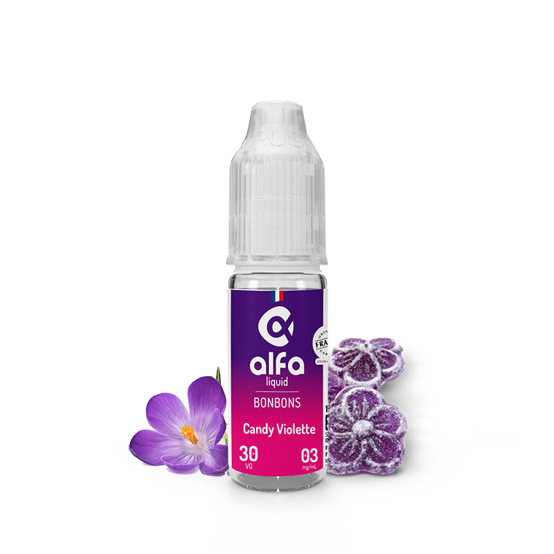 Flacon du eliquide Candy Violette 10 ml de Alfaliquid, fabricant français de eliquide pour le vapotage.