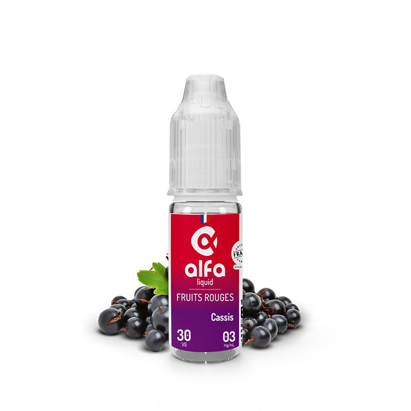 Flacon du eliquide Cassis 10 ml de Alfaliquid, fabricant français de eliquide pour le vapotage.