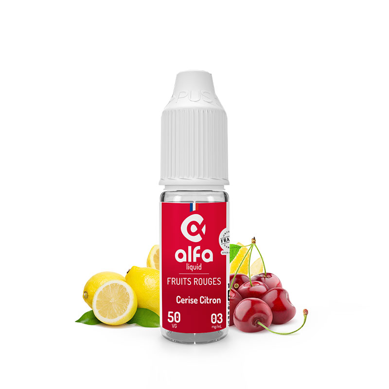 Flacon du eliquide Cerise Citron 10 ml de Alfaliquid, fabricant français de eliquide pour le vapotage.