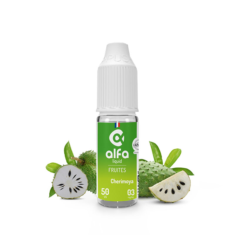 Flacon du eliquide Cherimoya 10 ml de Alfaliquid, fabricant français de eliquide pour le vapotage.