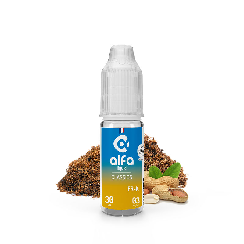 Flacon du eliquide FR-K 10 ml de Alfaliquid, fabricant français de eliquide pour le vapotage.