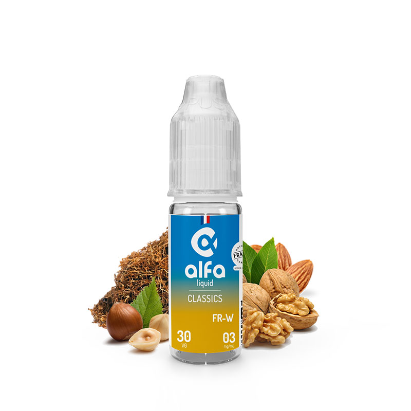 Flacon du eliquide FR-W 10 ml de Alfaliquid, fabricant français de eliquide pour le vapotage.