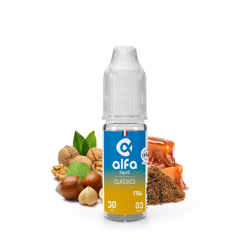 Flacon du eliquide FR4 10 ml de Alfaliquid, fabricant français de eliquide pour le vapotage.