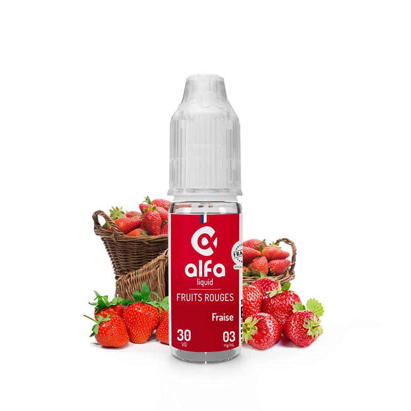 Flacon du eliquide Fraise 10 ml de Alfaliquid, fabricant français de eliquide pour le vapotage.