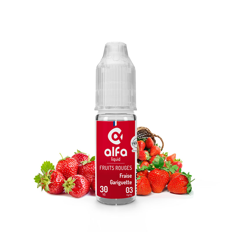 Flacon du eliquide Fraise Gariguette 10 ml de Alfaliquid, fabricant français de eliquide pour le vapotage.