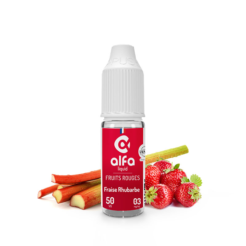 Flacon du eliquide Fraise Rhubarbe 10 ml de Alfaliquid, fabricant français de eliquide pour le vapotage.