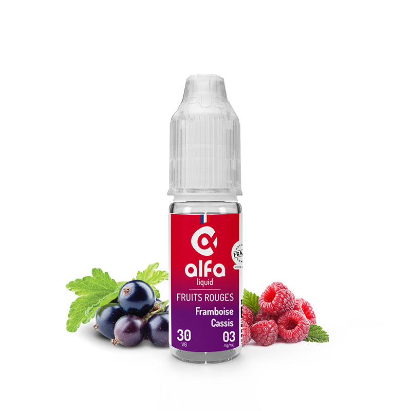 Flacon du eliquide Framboise Cassis 10 ml de Alfaliquid, fabricant français de eliquide pour le vapotage.