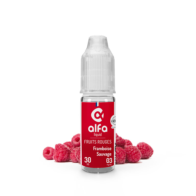 Flacon du eliquide Framboise Sauvage 10 ml de Alfaliquid, fabricant français de eliquide pour le vapotage.