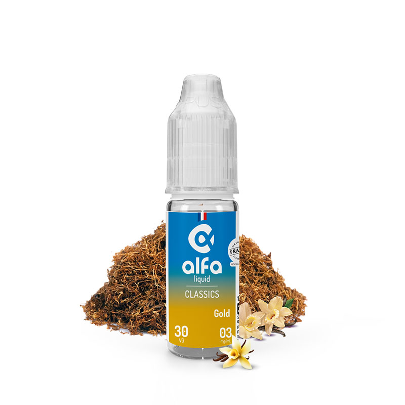 Flacon du eliquide Gold 10 ml de Alfaliquid, fabricant français de eliquide pour le vapotage.