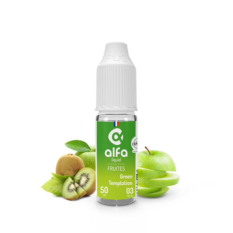 Flacon du eliquide Green Temptation 10 ml de Alfaliquid, fabricant français de eliquide pour le vapotage.