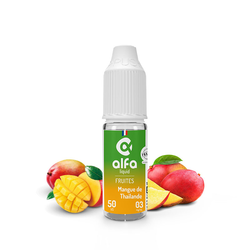 Flacon du eliquide Mangue de Thaïlande 10 ml de Alfaliquid, fabricant français de eliquide pour le vapotage.