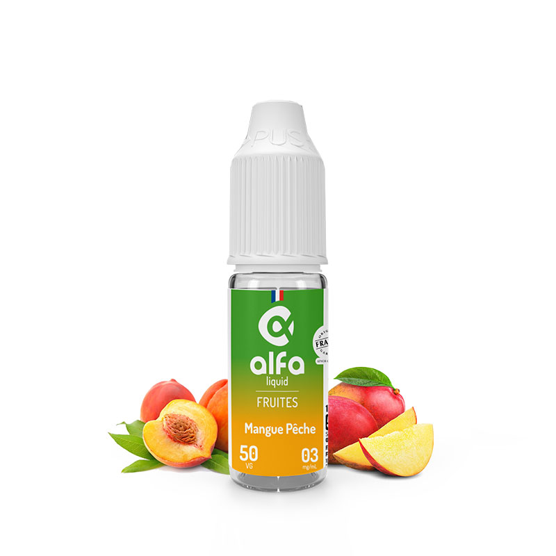 Flacon du eliquide Mangue Pêche 10 ml de Alfaliquid, fabricant français de eliquide pour le vapotage.