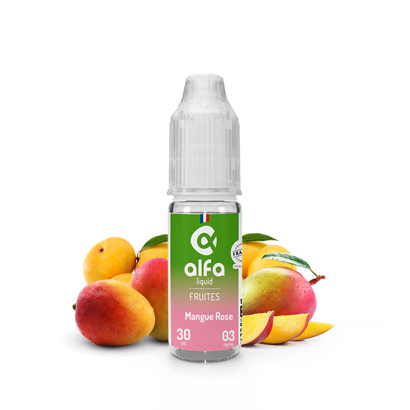 Flacon du eliquide Mangue Rose 10 ml de Alfaliquid, fabricant français de eliquide pour le vapotage.