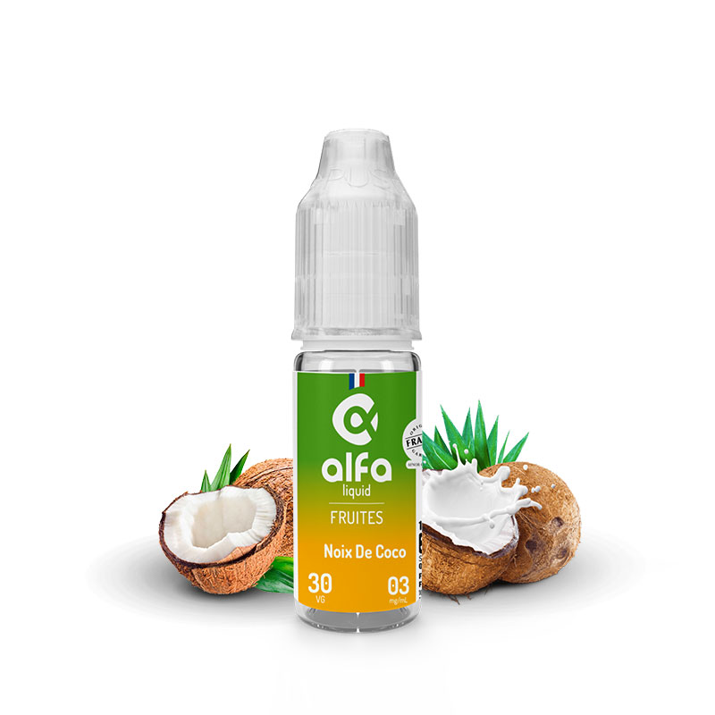 Flacon du eliquide Noix de coco 10 ml de Alfaliquid, fabricant français de eliquide pour le vapotage.