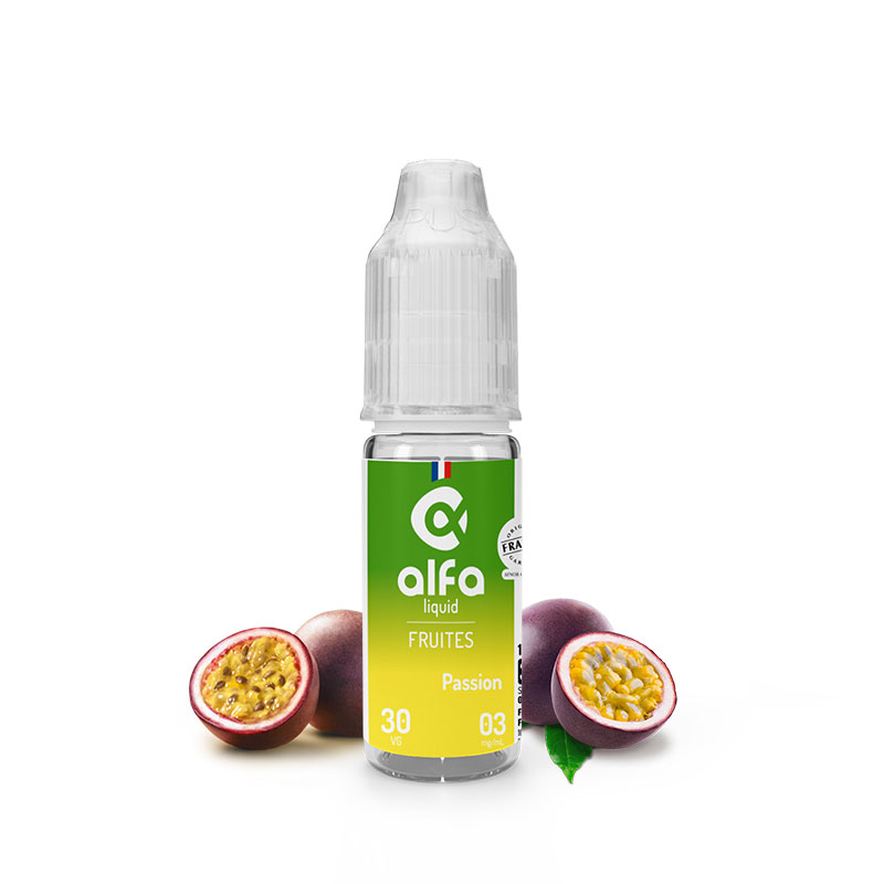 Flacon du eliquide Passion 10 ml de Alfaliquid, fabricant français de eliquide pour le vapotage.