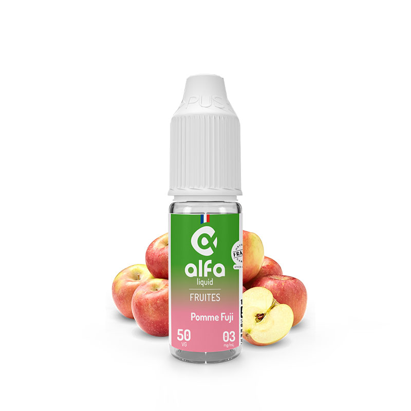 Flacon du eliquide Pomme Fuji 10 ml de Alfaliquid, fabricant français de eliquide pour le vapotage.