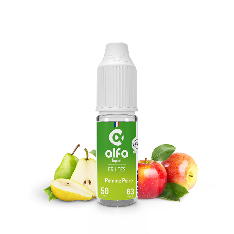 Flacon du eliquide Pomme Poire 10 ml de Alfaliquid, fabricant français de eliquide pour le vapotage.