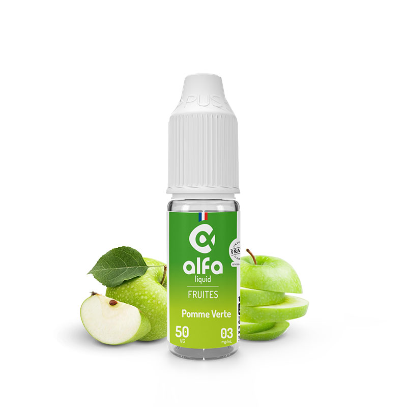 Flacon du eliquide Pomme Verte 10 ml de Alfaliquid, fabricant français de eliquide pour le vapotage.