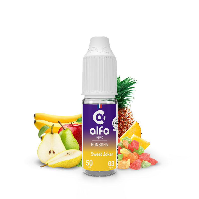 Flacon du eliquide Sweet Joker 10 ml de Alfaliquid, fabricant français de eliquide pour le vapotage.