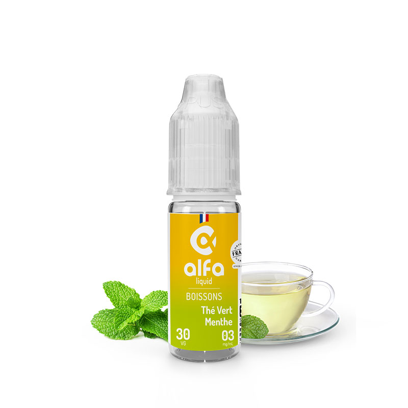 Flacon du eliquide Thé Vert Menthe 10 ml de Alfaliquid, fabricant français de eliquide pour le vapotage.