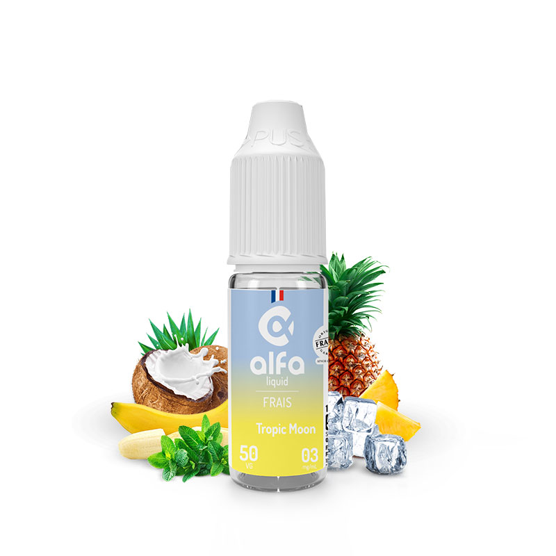 Flacon du eliquide Tropic Moon 10 ml de Alfaliquid, fabricant français de eliquide pour le vapotage.