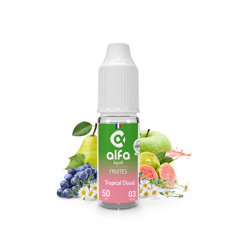 Flacon du eliquide Tropical Cloud 10 ml de Alfaliquid, fabricant français de eliquide pour le vapotage.