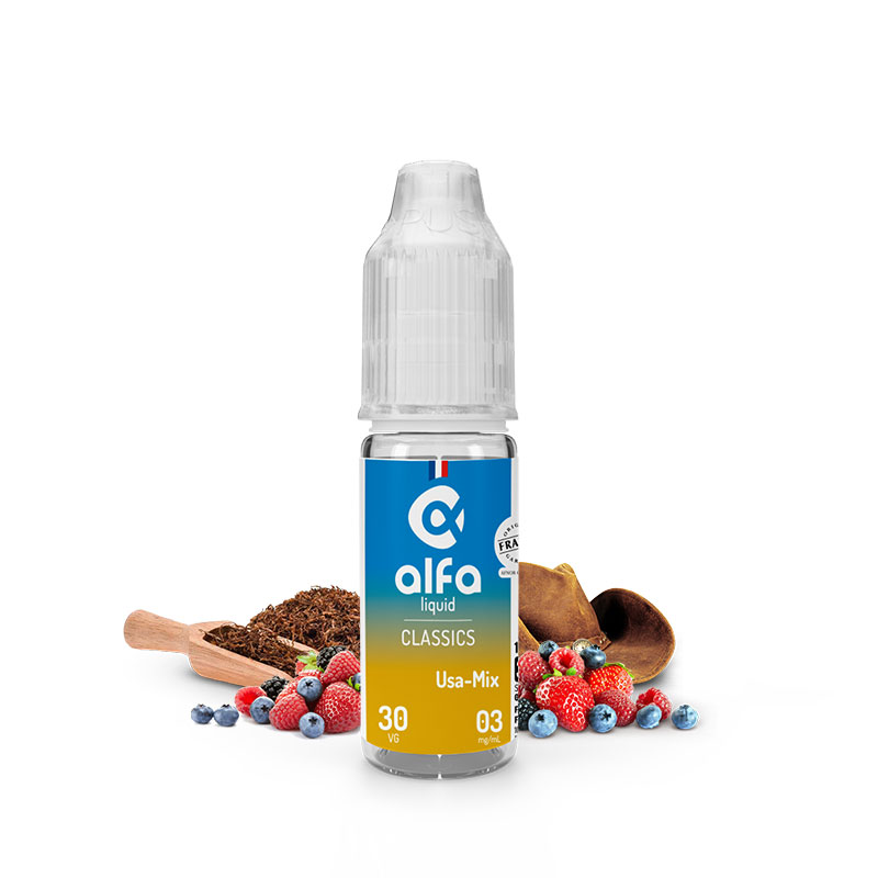 Flacon du eliquide USA-Mix 10 ml de Alfaliquid, fabricant français de eliquide pour le vapotage.