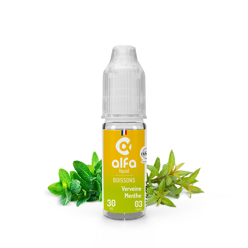 Flacon du eliquide Verveine Menthe 10 ml de Alfaliquid, fabricant français de eliquide pour le vapotage.