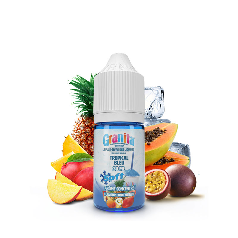 Photo du flacon de l'arôme Tropical Bleu de la marque Granita Soft par Alfaliquid.