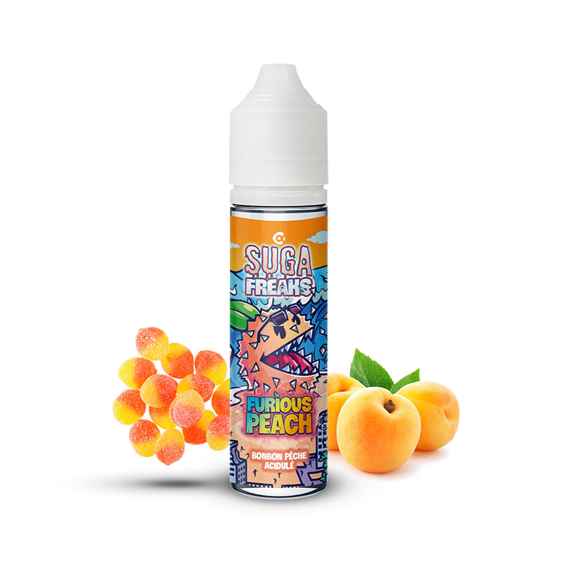 Photo du Furious Peach 60 ml eliquide pour le vapotage Sugafreaks de la marque française Alfaliquid et fabriqués par la société Gaiatrend.