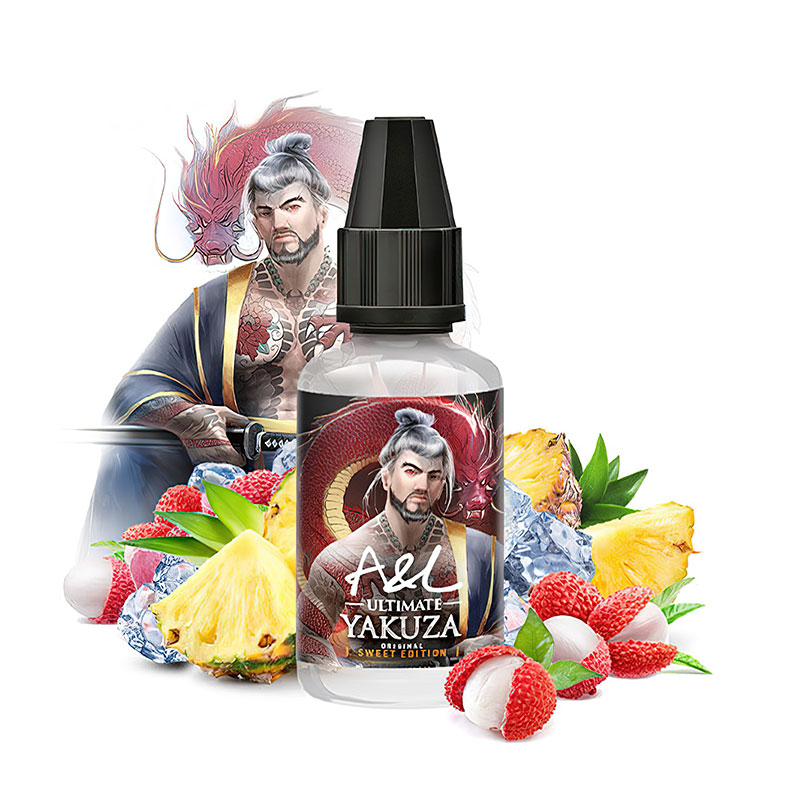 Photo du flacon de l'arôme concentré 30 ml Yakuza d'A&L et de ses parfums.