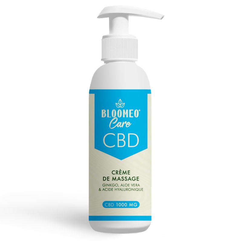 Photo de la crème de massage CBD 1000 mg 100 ml de la marque Bloomeo par Guilab.