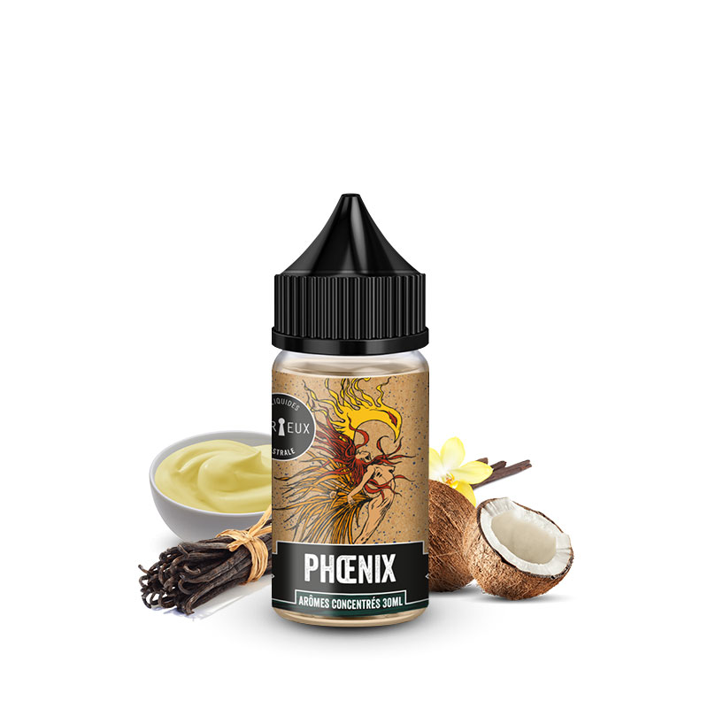 Photo du flacon de l'arôme concentré Phoenix 30ml fabriqué par Curieux E-liquides.