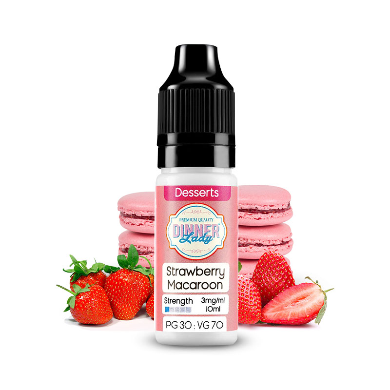 Flacon du e-liquide Strawberry Macaroon de Dinner Lady fabricant anglais de eliquide pour le vapotage.