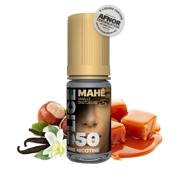 Photo du flacon du Mahé 10 ml de D'50 D'lice, marque française de e-liquide.
