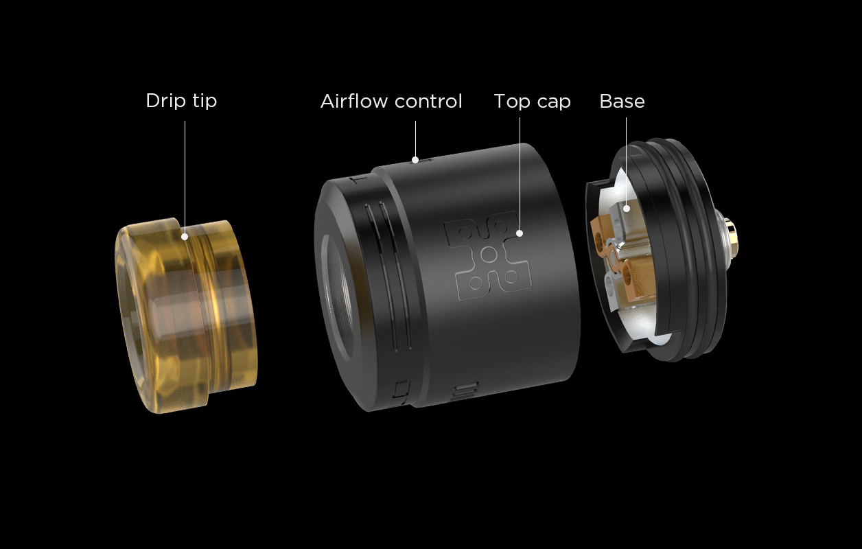 Photo de présentation du dripper de Geek Vape : le Talo X RDA, sous forme éclatée.