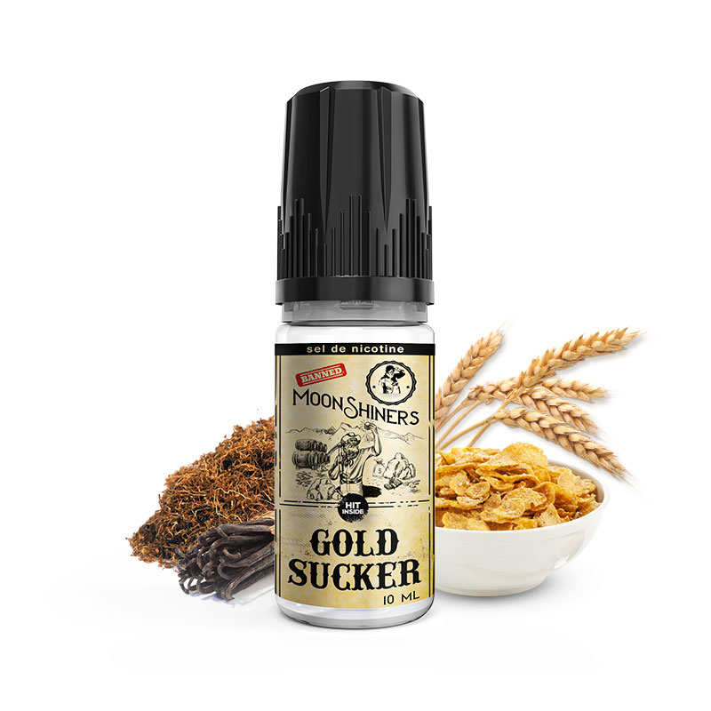 Photo de Gold Sucker MoonShiners : eliquide en sels de nicotine pour le vapotage de la marque française Le French Liquide.