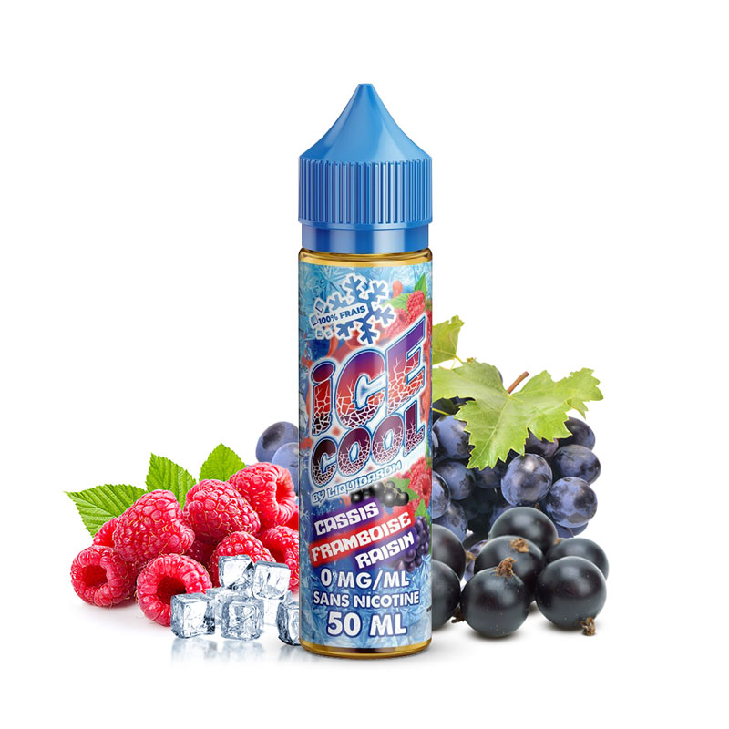 Flacon du eliquide Cassis Framboise Raisin de la gamme Ice Cool de Liquidarom, fabricant français de eliquide pour le vapotage.