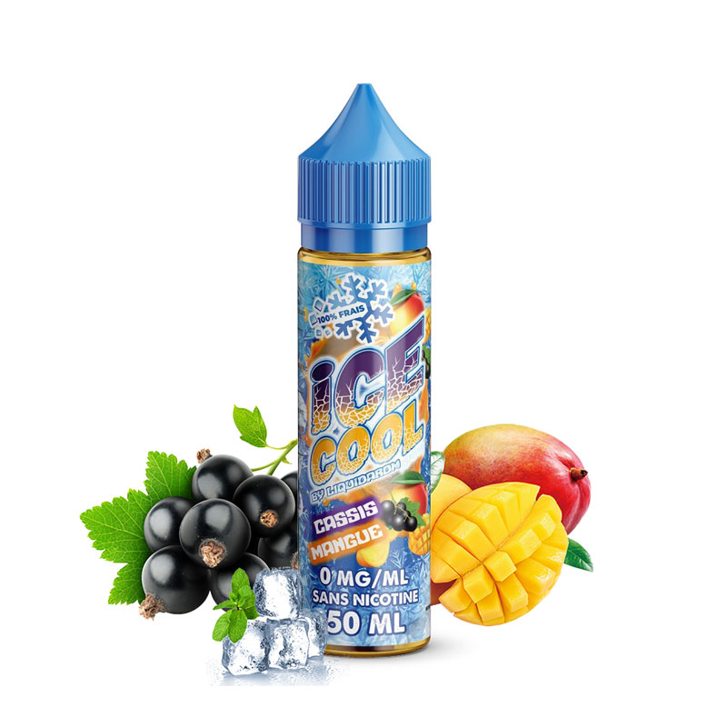 Flacon du eliquide Cassis Mangue de la gamme Ice Cool de Liquidarom, fabricant français de eliquide pour le vapotage.