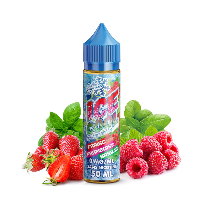 Flacon du eliquide Fraise Framboise Basilic de la gamme Ice Cool de Liquidarom, fabricant français de eliquide pour le vapotage.