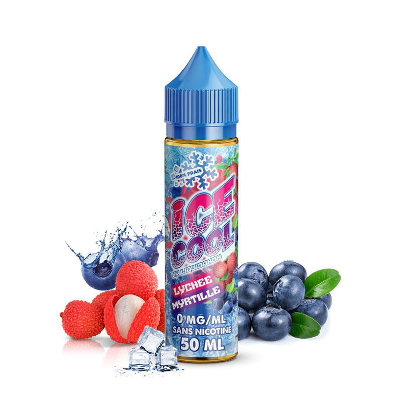 Flacon du eliquide Lychee Myrtille de la gamme Ice Cool de Liquidarom, fabricant français de eliquide pour le vapotage.